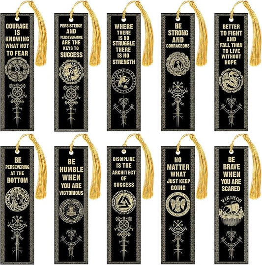 10 Pcs Motivational Bookmarks for Men Christmas Nordic Vikings Bookmarks with Tassels Celtic Book Marker PVC Scandinavian Vikings Book Marks for Xmas Office Employee Teacher Classroom Reader Gift