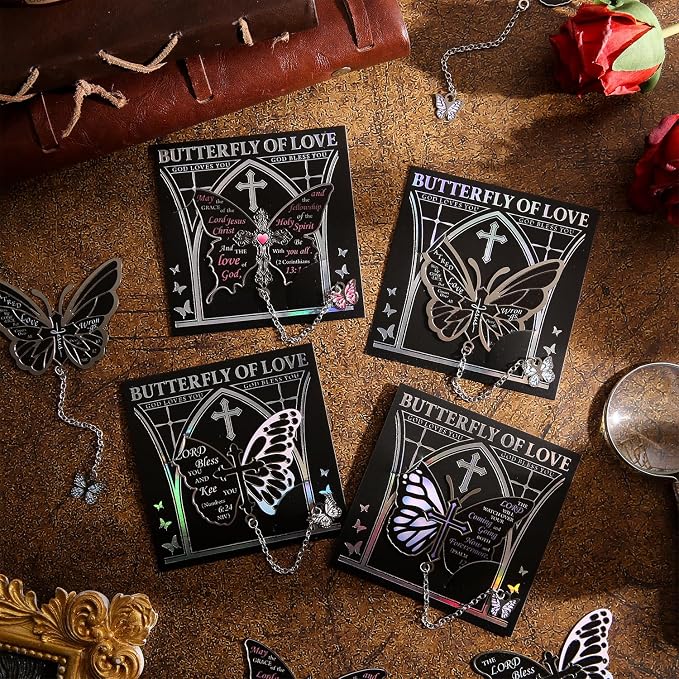 4 PCS Metal Bible Butterfly Bookmarks with Chain, Christian Scripture Inspirational Book Marks for Book Lovers Writers Readers Children Teens for Women Religious Motivational Gift Book Marker Prayer
