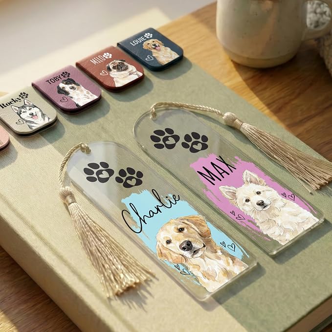 Personalized Magnetic Bookmark with Name, Custom Name Page Marker for Readers, Teachers, and Students, Floral and Botanical Design (3-Pet Leather)