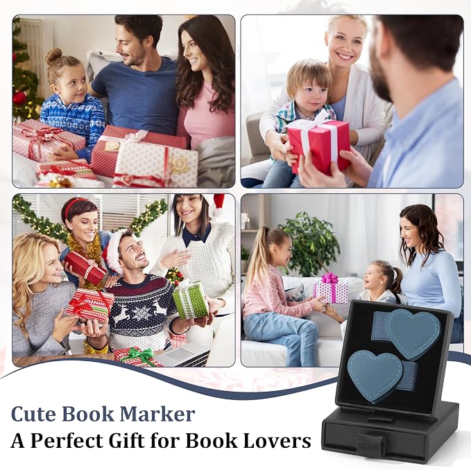 2Pcs Magnetic Leather Heart Bookmarks with Pen Holder, Cute Book Markers Clip with Gift Box, Reading Accessories for Book Lovers Women Teachers Students, Blue