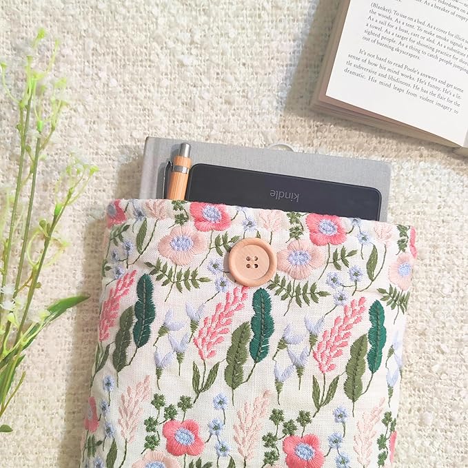 Floral Embroidered Canvas Book Sleeve - Elegant Book Cover, Padded Protector for Paperbacks & Hardcovers, Ideal for Book Lovers, Wooden Button (Lavender, Large)