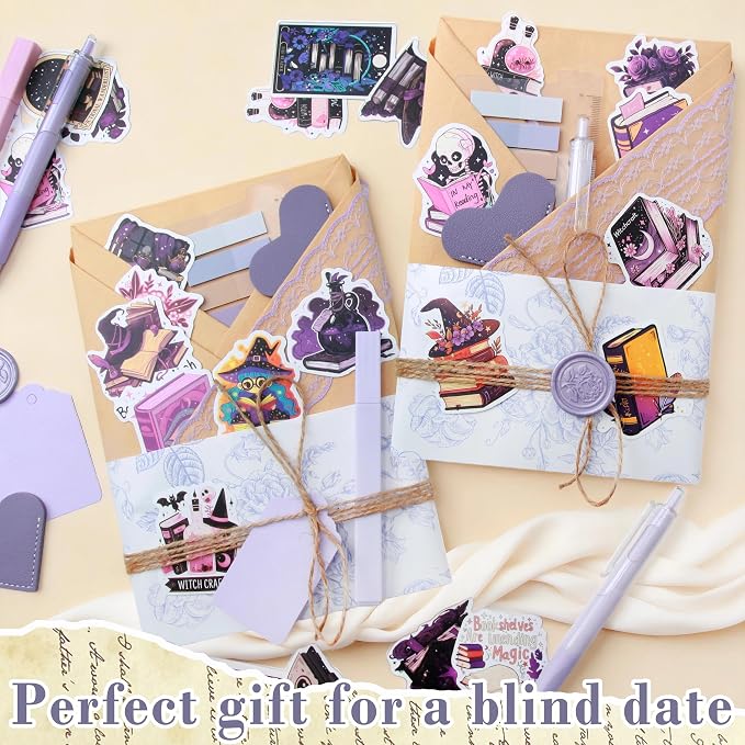 J6&H6 6 Set Blue-Themed Blind Date with a Book Gift excluding Books,Gift Set Including Lace Ribbons Patterned Paper Leather Bookmarks Stickers Blue Labels Kraft Paper for Literary Gifts (Purple)