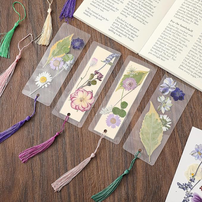 Fuyoooo 376 Pcs Dried Flower Bookmark Making Kit, DIY Bookmark Laminating Pouches with Tassels and Puncher, Handmade Craft Kit for Women, DIY Gifts for Book Lovers (Purple,2 x 6 Inch)