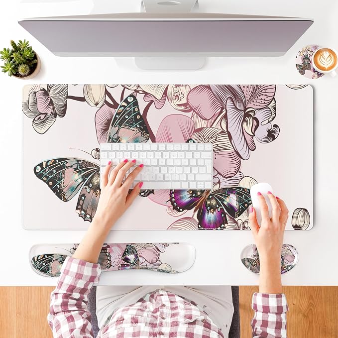 QiyI Leather Desk Mat Set, 4-in-1 Large Mouse Pad with Wrist Rest, Non-Slip Desk Pad + Keyboard Wrist Rest + Mouse Wrist Support + Coaster, Office Desk Accessories Home Decor Supplies, Butterflies
