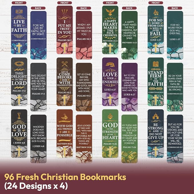 96 Bible Bookmarks with Bible Verses – Multiple Designs – Inspirational Christian Bookmarks for Women & Men – Bible Book Markers for Classroom, Bible Study, Church Supplies