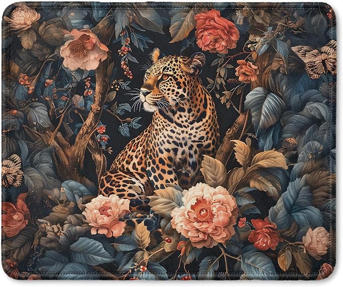 William Morris Inspired Floral Leopard Mouse Pad, Maximalist Wild Animal Cheetah Mouse Pad for Home Office Computer Gaming Desk Accessories, Leopard Cheetah Gifts for Women, 9.5x7.9 Inch
