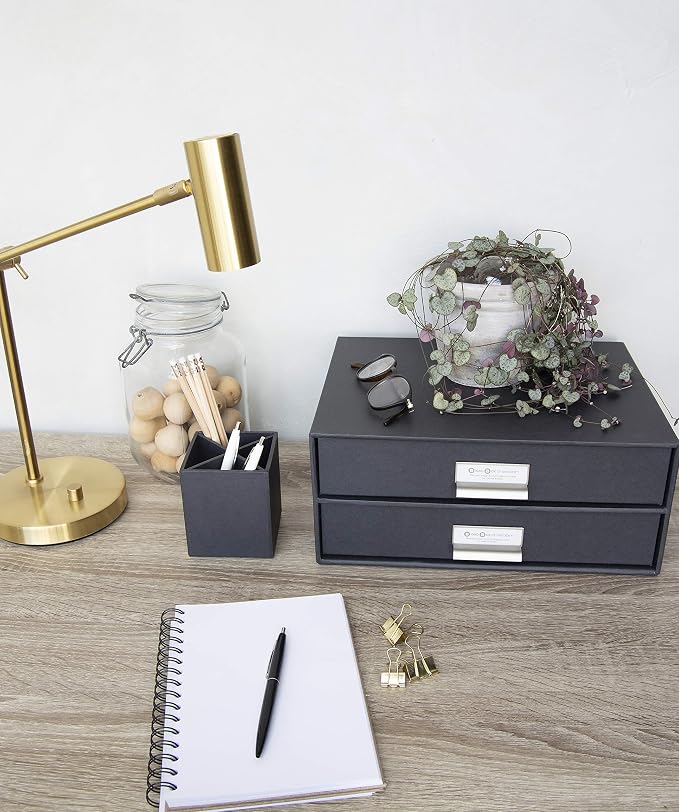 Bigso Box of Sweden Birger 2-Drawer Fiberboard Label Frame Document Letter Box | Desktop Drawers for Loose Papers, Documents with Metal Label Holder | 13.1" x 10" x 5.7" | Dark Grey