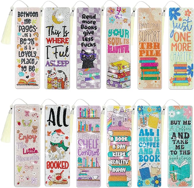 12 Pcs DIY Book Lovers Diamond Art Bookmarks for Adults Women Beginners Acrylic Dotz Kit Diamond Painting 5d Floral Rhinestone Bookmarks Diamond Art Book Marks with Tassels Crafts Supply