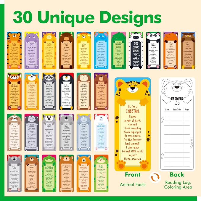 120 PCS Animal Fact Bookmarks, 30 Animal Designs Double-Sided Paper Bookmarks with PET Film, Reading Log Marks for Kids, Students, Adults, Book Lovers (2.4” x 6.1”)