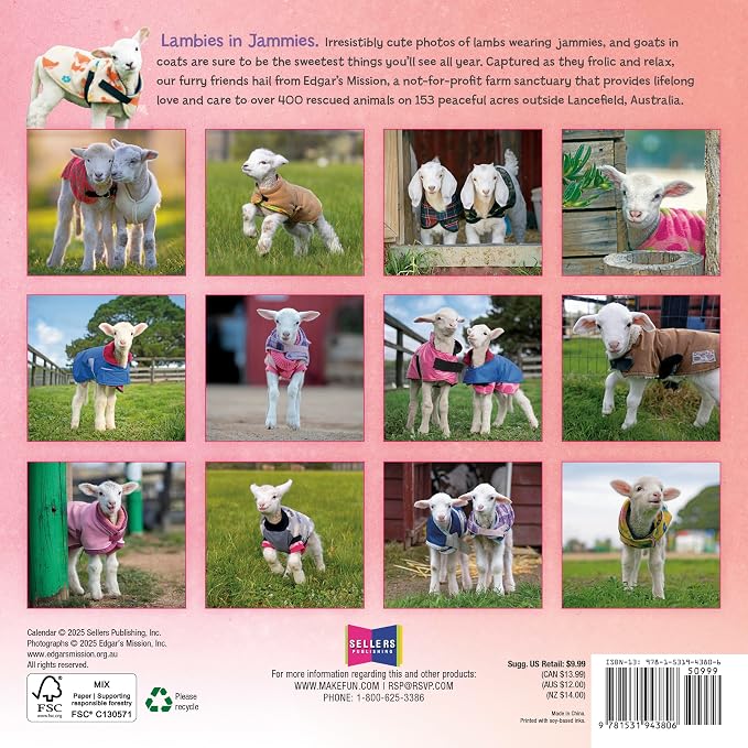 Lambies in Jammies & Goats in Coats 2026 Mini Wall Calendar, Cute Farm Animal Photography from Edgar’s Mission Rescue, 7" x 7"