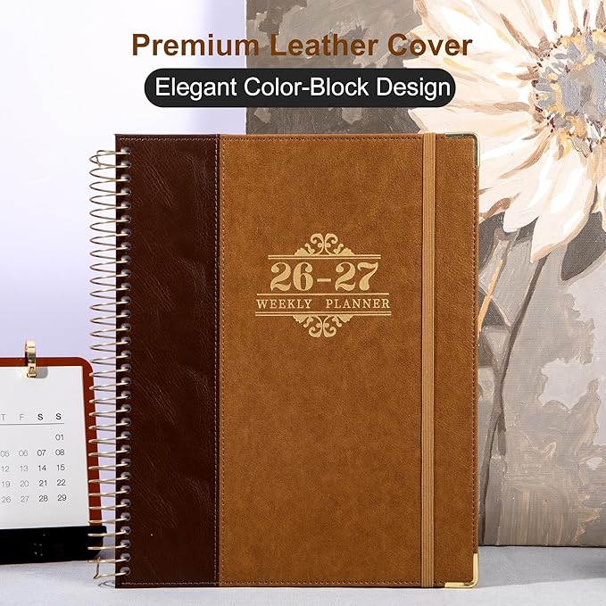 Planner 2026-2027, Leather Two-Tone Planner, 18 Month Weekly and Monthly Planner Calendar with Tabs, Jul 2026–Dec 2027, Large 8.5" x 11" A4 Hardcover Spiral Agenda Planner for Home, School and Work （Brown）