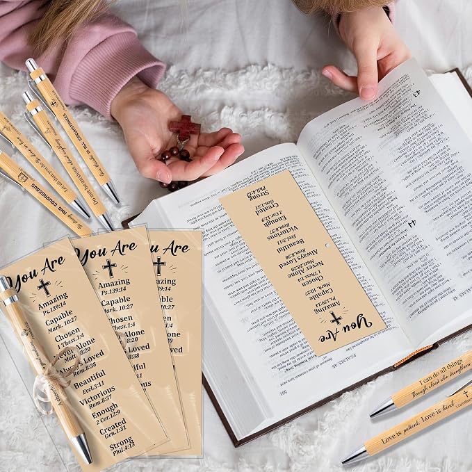 Haooryx Christian Bible Pen Bookmark - 20-Piece Christian Bible Verse Bamboo Inspirational Pens Bookmark Set You are Amazing Scripture Biblical Bookmark Church Multi-Item Party Favor Packs Gifts Bulk