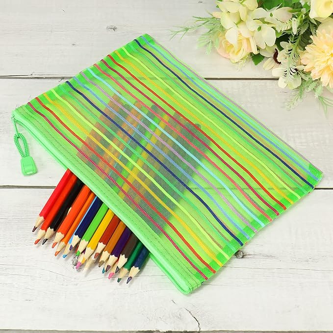 MECCANIXITY Mesh Zipper Pouches, A5 Colorful Pencil Case Document File Bags Storage Organizer for Office Supply Travel Accessory, Green Pack of 6
