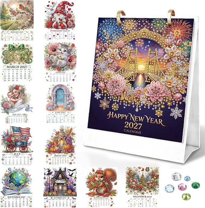 2027 Standing Desk Calendar DIY Diamond Art Painting Monthly Flip Dates Holiday Double-Sided Pattern Tabletop Calendars Diamond Art Craft Supplies Planner Office Home-Holiday