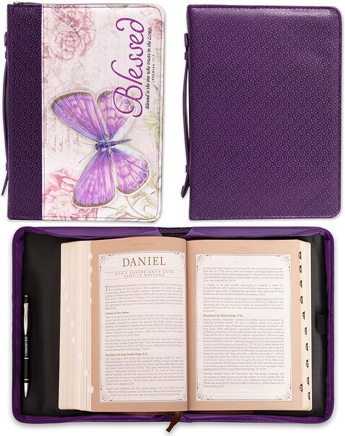 Christian Art Gifts Women's Fashion Bible Cover Blessed Butterfly Jeremiah 17:7, Purple Floral Faux Leather, Large