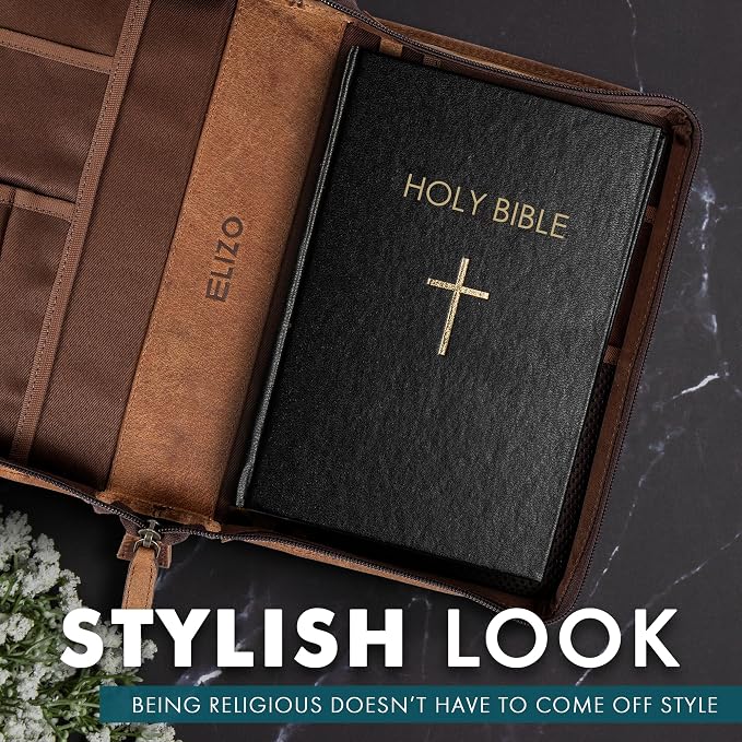 ELIZO Leather Bible Cover Bible Case for Men Women Genuine Leather Bible Bag Holder Cross Large Carrying with Zipper Case Protector Christian Religious Gifts for Mens Pioneer (Saddle/Green, Small)