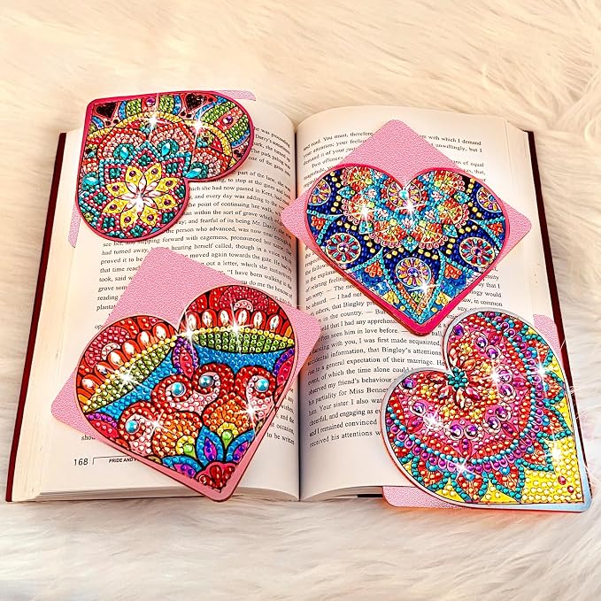 Heart Diamond Art Bookmarks, 4 PCS Diamond Art Bookmarks for Book Lovers, Diamond Art Accessories DIY Corner Bookmark Kits
