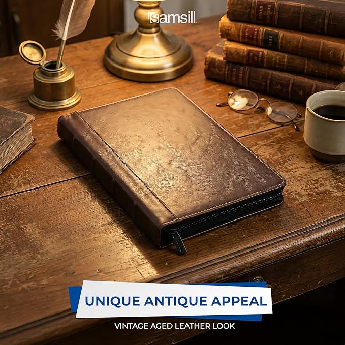 Samsill Small Vintage Portfolio/Zipper Faux Leather Portfolio, Book Style Hardback Design, Business & Interview Padfolio Organizer, Holds 5 x 8 Writing Pad, Dark Brown