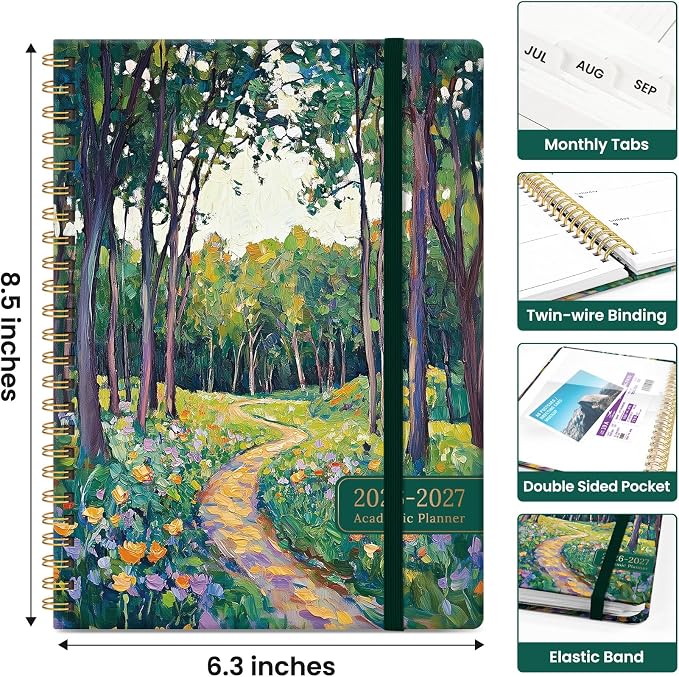 Planner 2026–2027, Academic Year Monthly & Weekly Calendar Book, Jul 2026–Jun 2027, Hardcover Organizer with Tabs, Student & Teacher Planner, 6.3" x 8.5", Forest Pathway