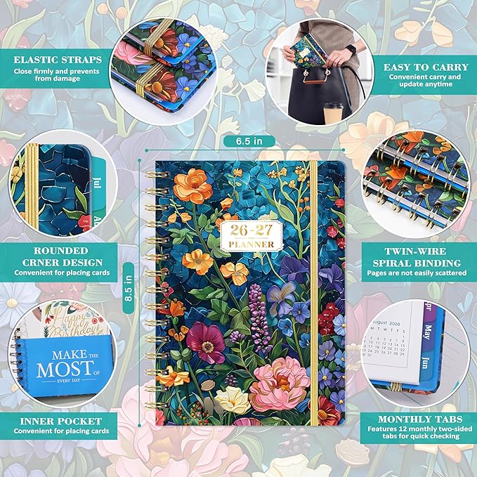 Planner 2026-2027 - JUL 2026 - JUN 2027, 2026-2027 Planner Weekly and Monthly with Tabs, Academic Planner 26-27, 6.5" x 8.5", 26-27 Calendar Planner, Weekly and Monthly Planner with Inspiring Quotes, Twin-wire Binding, Premium Paper, Back Pocket & Hard...