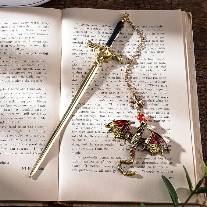 Sward Fourth Wing Bookmark - Fantasy Dragon Book Mark Vintage Tassel Metal Pendant Antique Gold Red Bookmarks Page Accessories Reading Lovers Club Gift Men Boys Students Bookish Readers