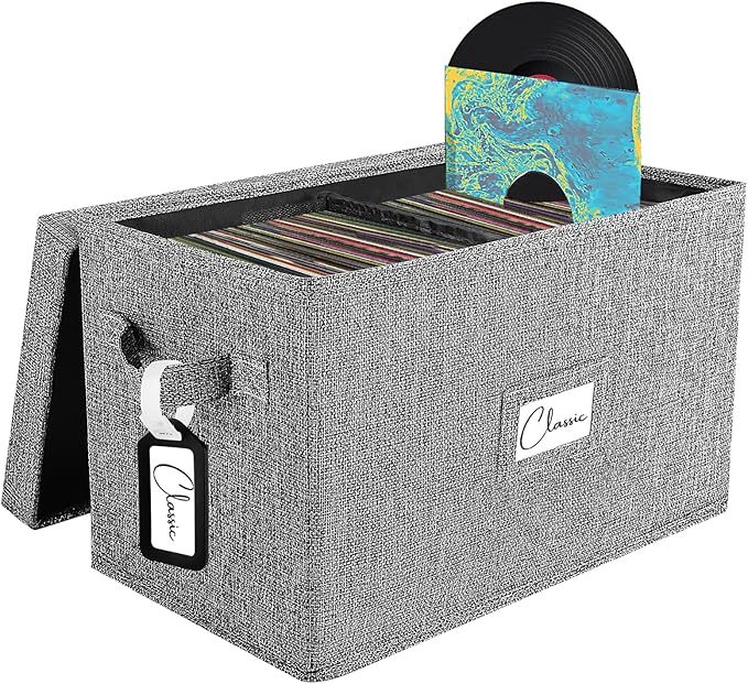 Woodoulogy Vinyl Record Storage Box for 7"/45 RPM LPs, Grey Case with Lid Holds up to 80 Albums, CD Crate Play Music Collection Holder, Collapsible File Folder Cabinet Organizer with Handle