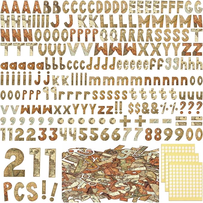 221 Pcs Travel Around The World Bulletin Board Letters, Round Alphabet Number Punctuation Symbol Combo Letter Cutouts, Vintage Classroom Decor for School Chalkboard Poster Bulletin Board Wall