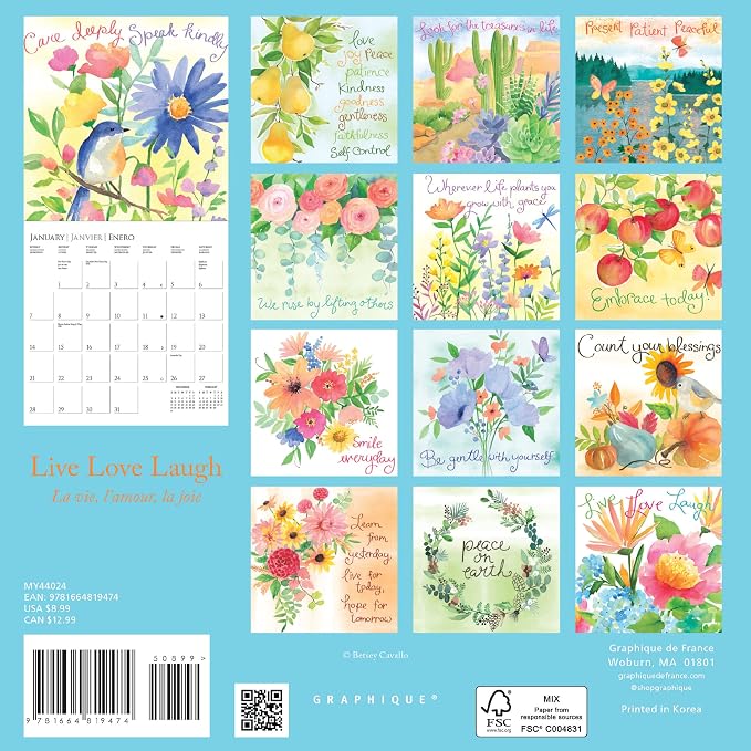 Graphique 2024 Live Love Laugh Mini Wall Calendar | 7” x 7” | Thick Paper | Home & Office Organizer | Large Monthly Grid | 3 Languages & Marked Holidays | 4 Month Preview Page for 2024