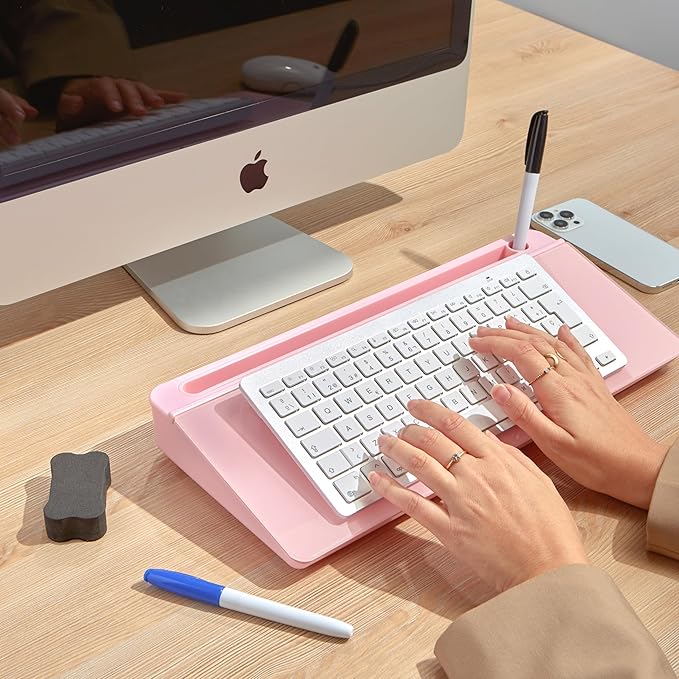 GAROOD Desktop Dry Erase Board with Storage Pink Color Desk White Board Desk Board Glass Desktop White Board with Stand Home Office Organizer Phone Holder 15.8X7X2 inches