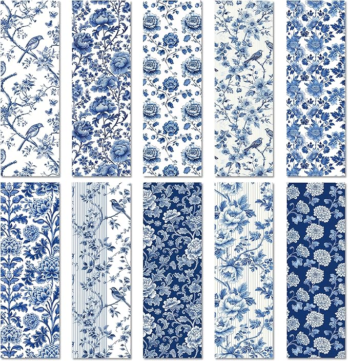 Blue and White Floral Paper Bookmarks Set, 100 Pcs Chinoiserie Style Double-Sided Matte Laminated Book Marks, Elegant Reading Accessories Gifts for Women and Book Lovers