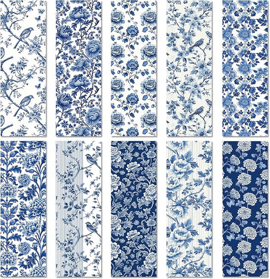 Blue and White Floral Paper Bookmarks Set, 100 Pcs Chinoiserie Style Double-Sided Matte Laminated Book Marks, Elegant Reading Accessories Gifts for Women and Book Lovers