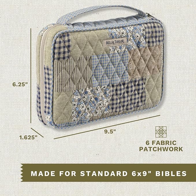 Bella Taylor Small Bible Cover for Women - Quilted Cotton Bible Case for 6 x 9 inch Books - Khaki Patchwork
