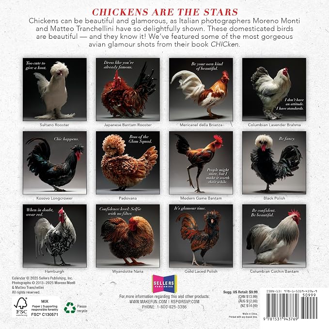 Glamour Chicks 2026 Mini Wall Calendar: Funny Chicken Photography & Farm Animal Art with Glamorous Portraits, 7" × 7"