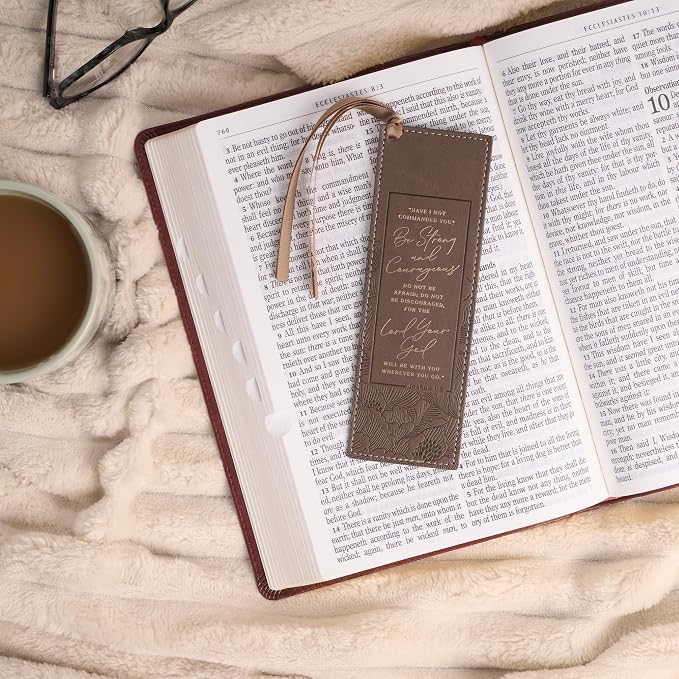 Christian Art Gifts Premium Vegan Leather Inspirational Scripture Bookmark for Women: Strong & Courageous Encouraging Bible Verse, Satin Ribbon, Sturdy Debossed Reading Accessory, Brown Floral & Gold