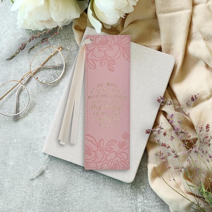 Christian Art Gifts Premium Vegan Leather Inspirational Scripture Bookmark for Women: Under His Wings Encouraging Bible Verse, Satin Ribbon, Reading Accessory for Books, Bibles, Pink & Gold Floral