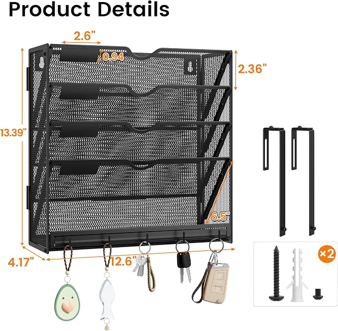 Hanging Wall File Organizer 5-Tier Wall Mount Mail Organizer & Desk Paper Organizer, Sleek Black Metal File Folder Holder for Office, Cubicle (Black-5 Tier)