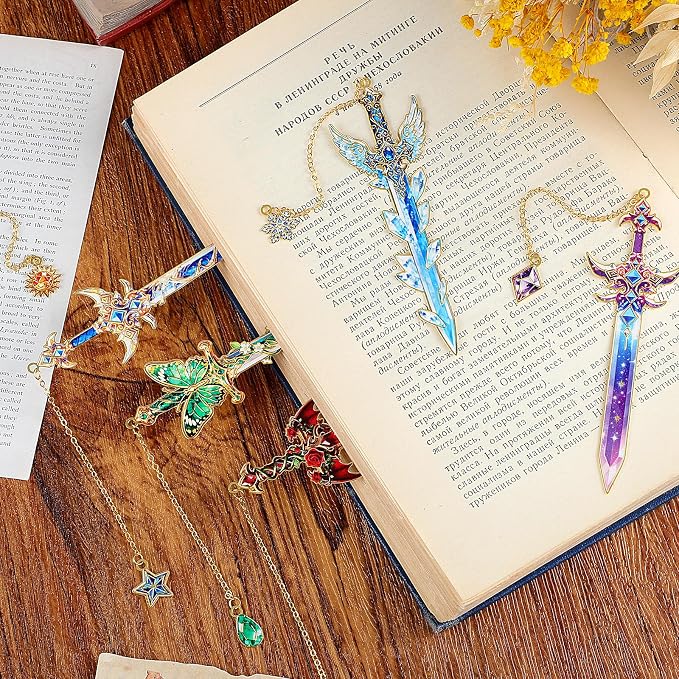 6Pcs Fantasy Sword Metal Bookmarks Set, Cool Wing Bookmark, Fantasy Bookmark Gifts for Book Lover, Reading Accessories for Books Journals Planners, 1.57 x 4.33in