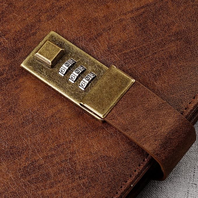 WEMATE Diary with Lock, A5 PU Leather Journal with Lock 240 Pages, Vintage Locks Journal Password Notebook with Pen, Locks Diary Planner Organizer for Men and Women, 8.6x5.8in Brown