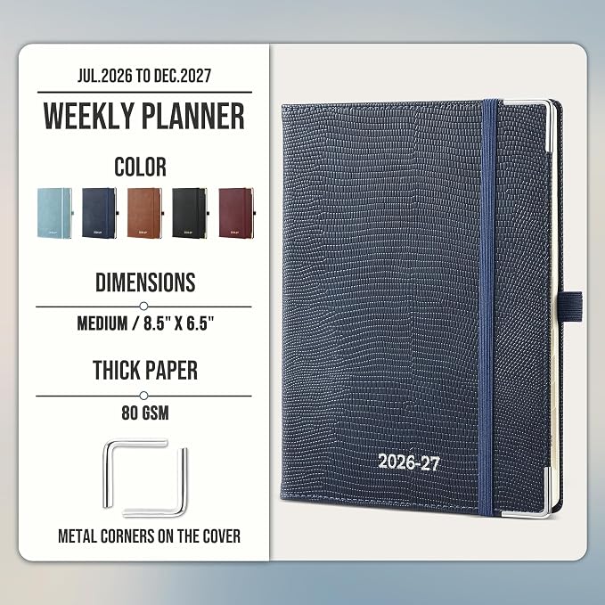 Planner 2026-2027 Weekly & Monthly Planner with Hourly Time Slots, 18 Month Academic Calendar July 2026 – Dec 2027, Vertical Layout, Monthly Tabs, Hardcover Business Agenda, Dark Blue