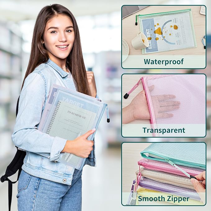 JARLINK 16pcs Mesh Zipper Pouch for Organizing, A4 Size Waterproof Zipper Storage Bags, 8 Colors Plastic File Pouch, Multipurpose for Travel, School, Board Game, Puzzles, Office, and Home Organize