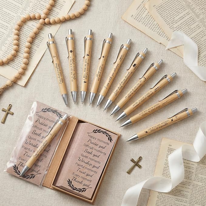 20Set Christian Gifts Bulk for Women Men with Bamboo Bible Verse Pens Bible Bookmarks Inspirational Religious Church Gifts for Christmas Sunday School Clergy Teacher Coworkers Teachers