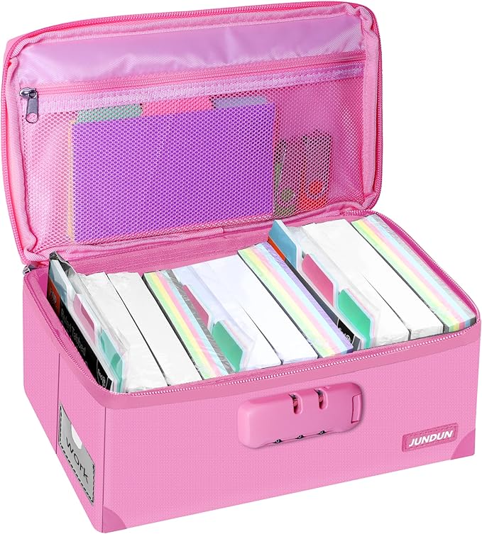 JUNDUN Index Card Holder with Lock,Collapsible Fireproof Index Card Box fits 1200 3x5-Inch Flash Cards - Business, Recipe, or Note Card Storage Boxes - Pink