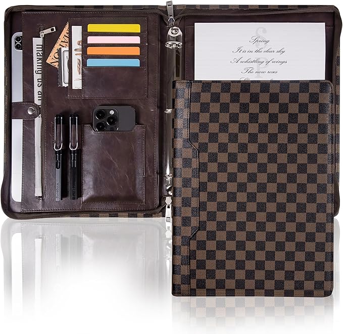 Calfinder Zipper Portfolio Binder,Leather Portfolio 3 Ring Binder,Brown Padfolio for Women and Men,Portfolio Organizer for Documents,Ipad,Card,Legal Pad Holder for Interview (Brown-Grid, Standard)