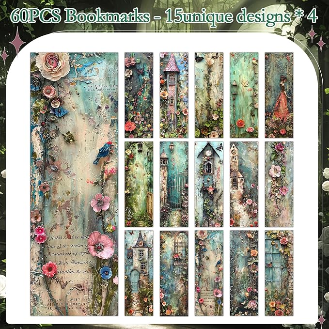 Vintage Flower Bookmarks Gifts - 60 Pcs Retro Floral Bookmark Paper Natural Wildflower Plant Book Mark Page Clips for Women Girls Book Lovers Students Teachers Bookish Reading Gifts