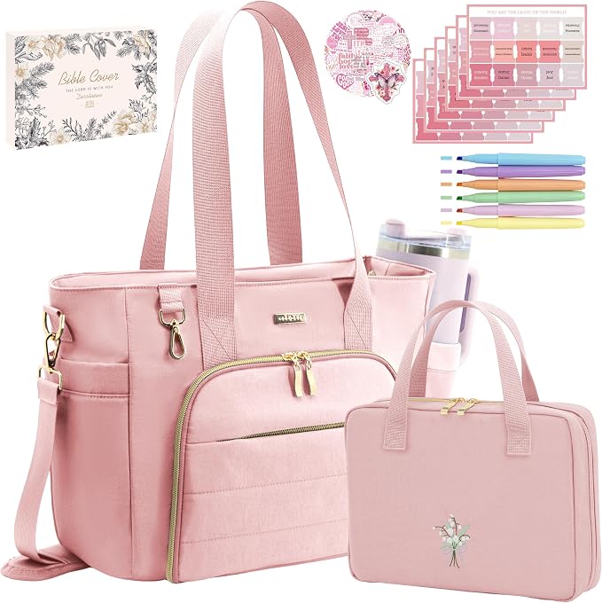 Large Bible Bag for Women, 2-in-1 Bible Tote with Detachable Embroidered Bible Cover & Study Supplies, Church Bible Study Bag, Gift-Ready Christian Gift for Women (Pink)
