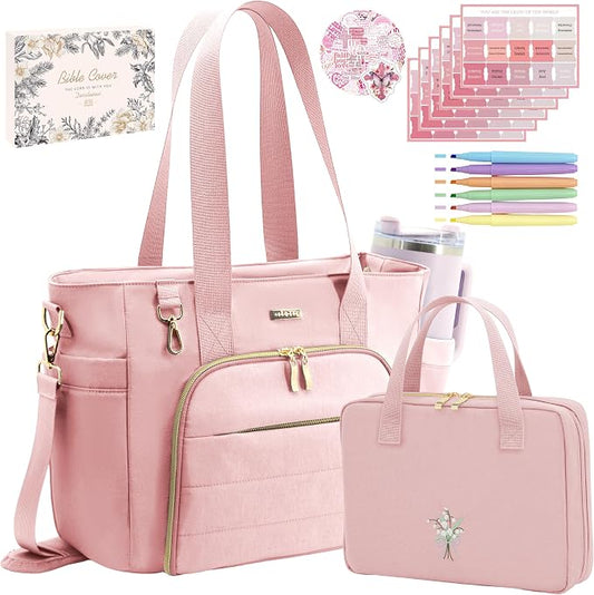 Large Bible Bag for Women, 2-in-1 Bible Tote with Detachable Embroidered Bible Cover & Study Supplies, Church Bible Study Bag, Gift-Ready Christian Gift for Women (Pink)