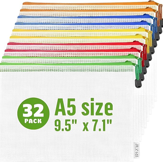 32 Pack A5 Mesh Zipper Pouch Bags - Small Plastic Zipper Pouches for Organizing 7x9 - Mesh Pouch with Zippers Bags for Organizing - Zippered Bag for Office Supplies Travel Accessories Receipts Makeup