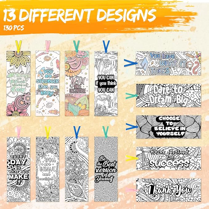 130 Pieces Inspirational Bookmarks for Kids, DIY Coloring Bookmarks Double-Sided Motivational Page Markers Clips for Kids Students Teachers Reading Book Lovers Supplies Party Favors