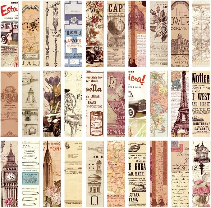 30Pcs Vintage Aesthetic Bookmarks, Antique Newspaper & Retro Art Page Markers, Old World Map Building Floral Design for Book Lovers (The Past)