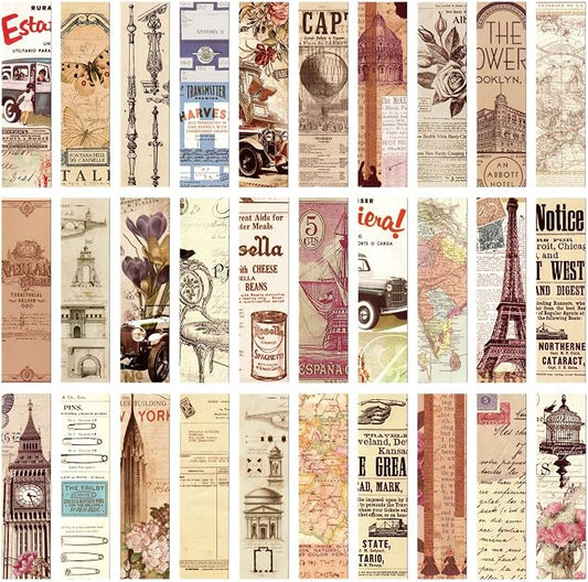 30Pcs Vintage Aesthetic Bookmarks, Antique Newspaper & Retro Art Page Markers, Old World Map Building Floral Design for Book Lovers (The Past)